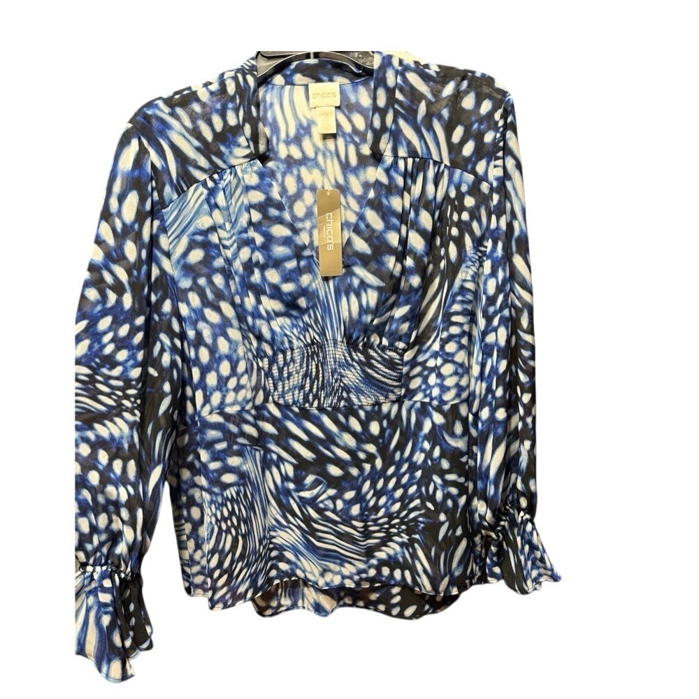 Chicos Mosaic Bi Color Tunic Top Ename Blue Smocked Waist Ruffle Cuff Size 2 NEW